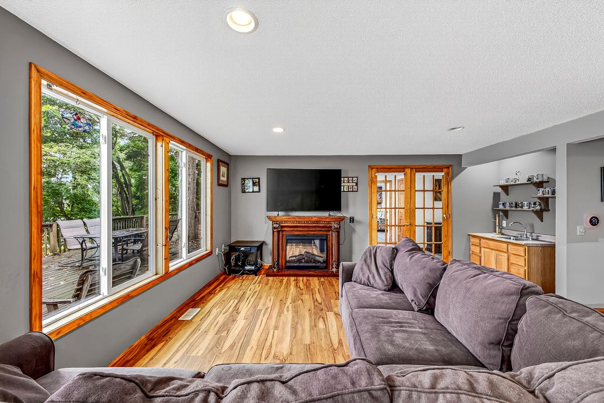 Fireplace, Interior, Living room, Recessed Lighting, Wood Texture Flooring