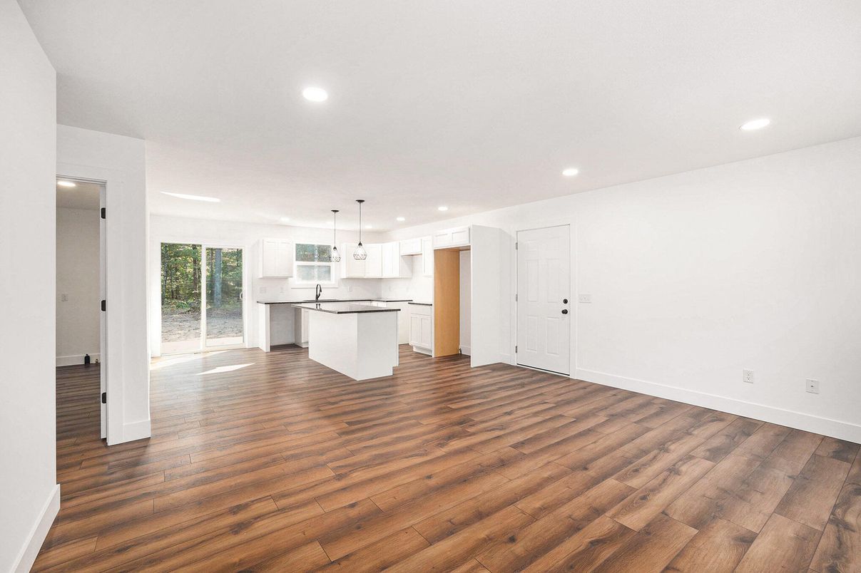 Empty room, Interior, Kitchen, Pendant Lights, Recessed Lighting, Wood Texture Flooring