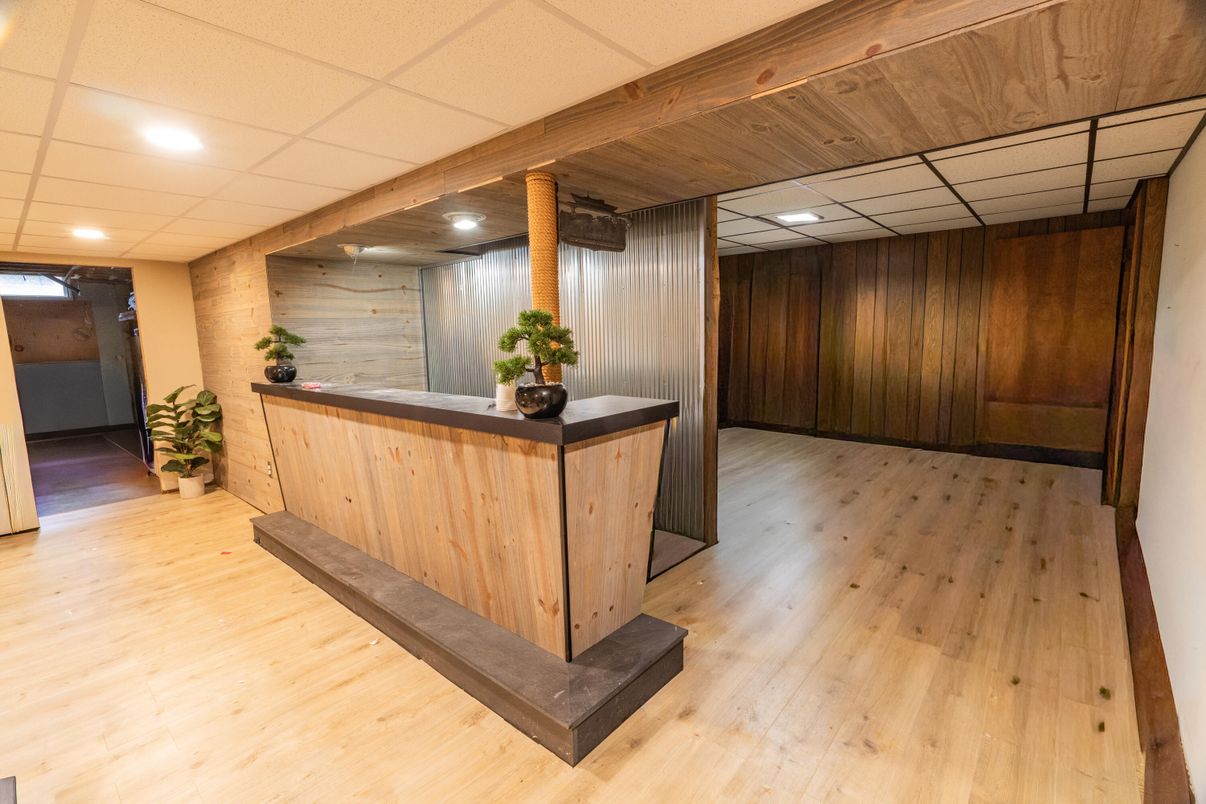 Interior, Recessed Lighting, Stone Walls, Wood Texture Flooring, Wooden Walls