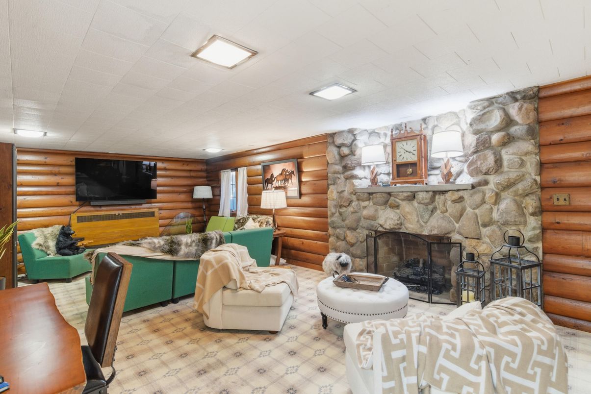 Fireplace, Interior, Living room, Recessed Lighting, Stone Walls, Wooden Walls