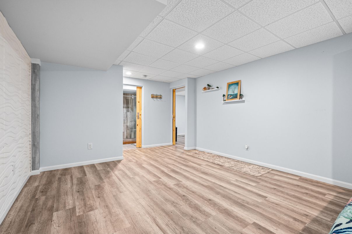 Empty room, Interior, Recessed Lighting, Stone Walls, Wood Texture Flooring