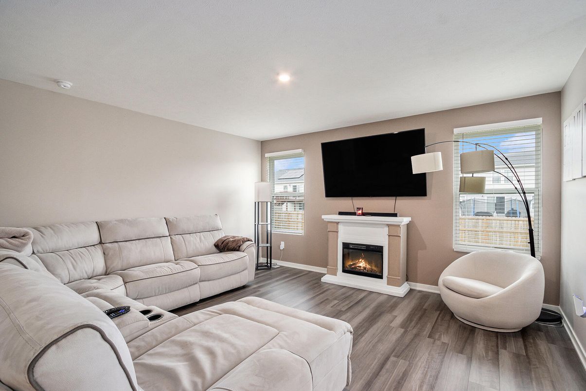 Fireplace, Interior, Living room, Recessed Lighting, Wood Texture Flooring