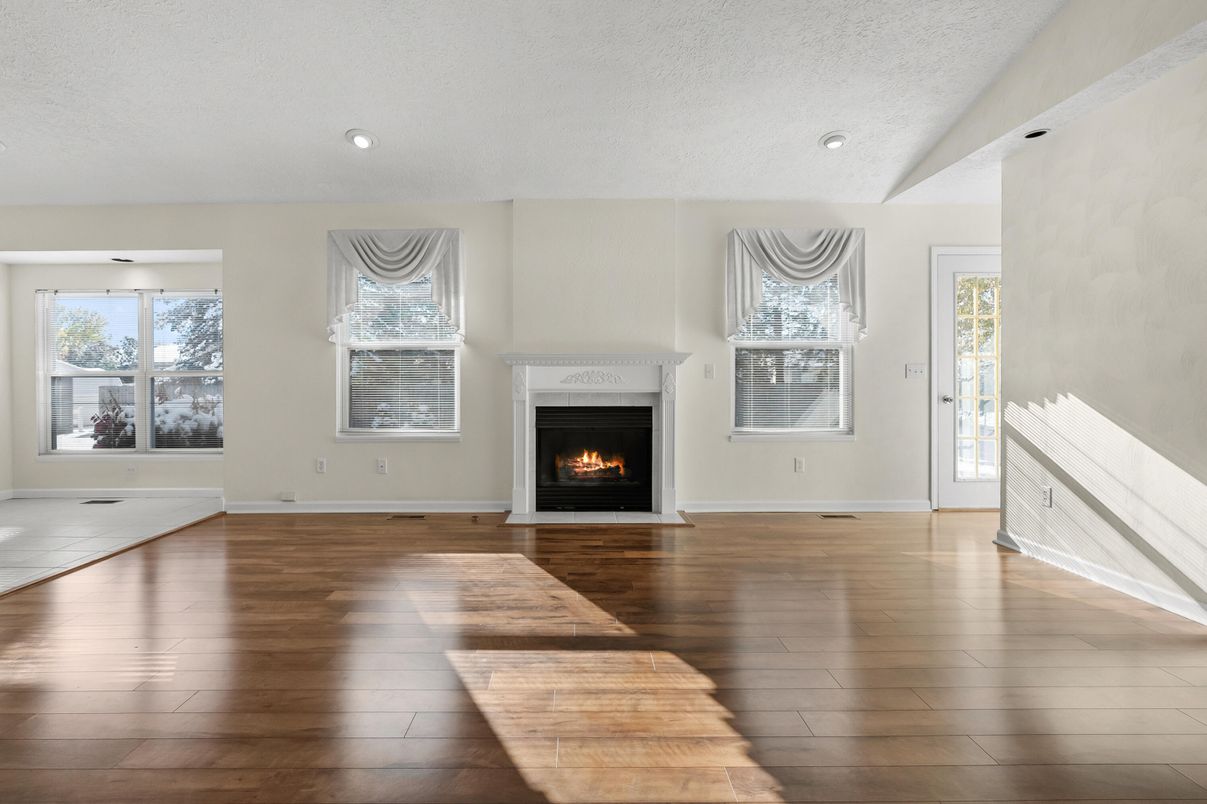 Empty room, Fireplace, Interior, Recessed Lighting, Wood Texture Flooring