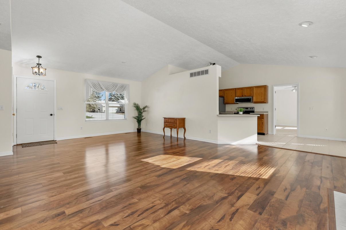 Empty room, Interior, Kitchen, Pendant Lights, Recessed Lighting, Wood Texture Flooring