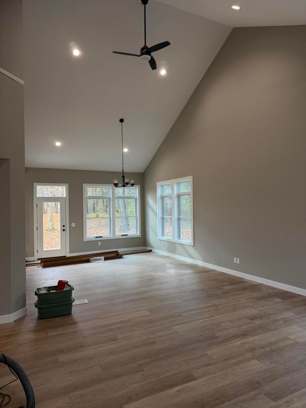 Empty room, Interior, Pendant Lights, Recessed Lighting, Wood Texture Flooring