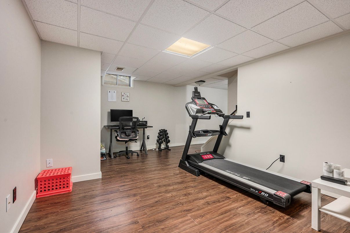 Fitness Equipment, Home Office, Interior, Recessed Lighting, Wood Texture Flooring