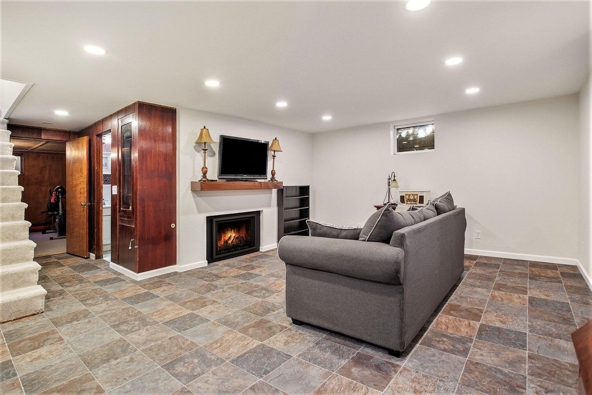 Fireplace, Interior, Living room, Recessed Lighting, Wooden Walls