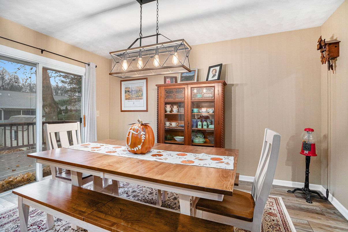Dining room, Interior, Pendant Lights, Wood Texture Flooring
