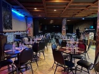 Dining room, Interior, Recessed Lighting, Stone Walls, Wooden Beams