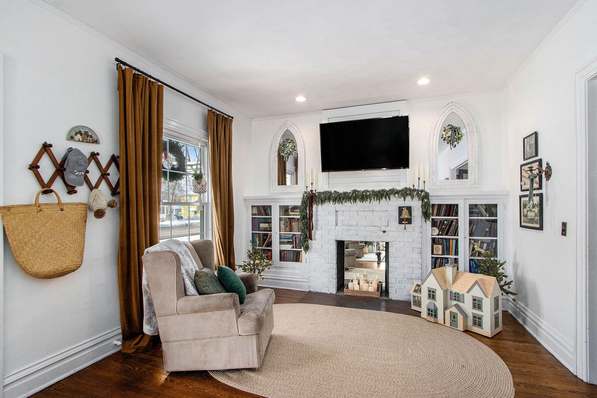 Fireplace, Interior, Recessed Lighting, Wood Texture Flooring