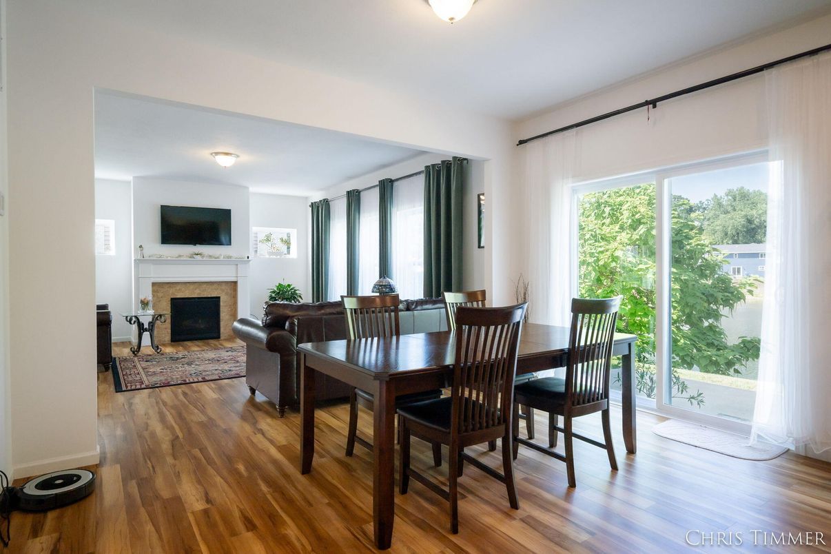 Dining room, Fireplace, Interior, Living room, Wood Texture Flooring