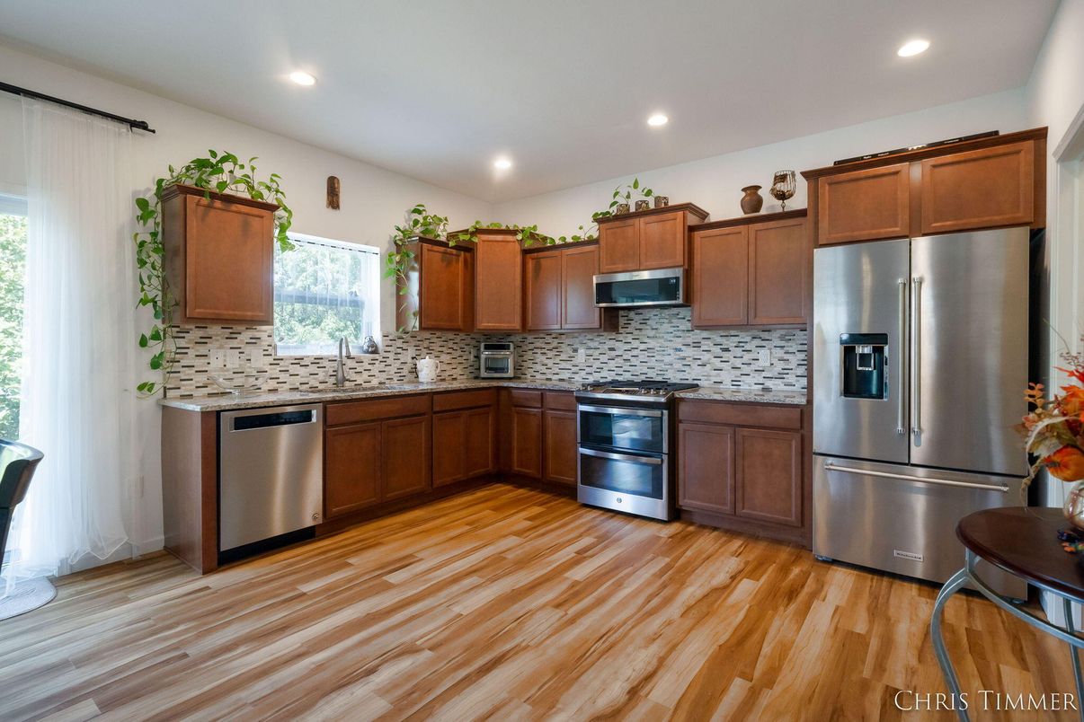 Interior, Kitchen, Recessed Lighting, Stainless Steel Appliances, Wood Texture Flooring