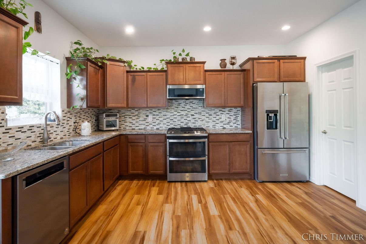 Interior, Kitchen, Recessed Lighting, Stainless Steel Appliances, Wood Texture Flooring