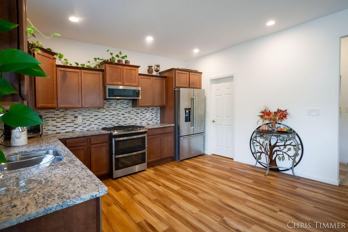 Interior, Kitchen, Recessed Lighting, Stainless Steel Appliances, Wood Texture Flooring