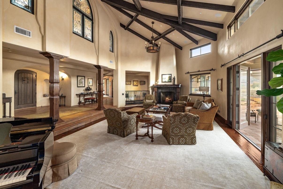 Fireplace, Interior, Living room, Piano, Recessed Lighting, Wooden Beams, Wood Texture Flooring