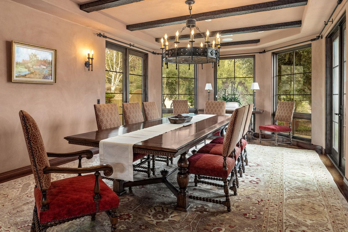 Chandelier, Dining room, Interior, Wooden Beams, Wood Texture Flooring