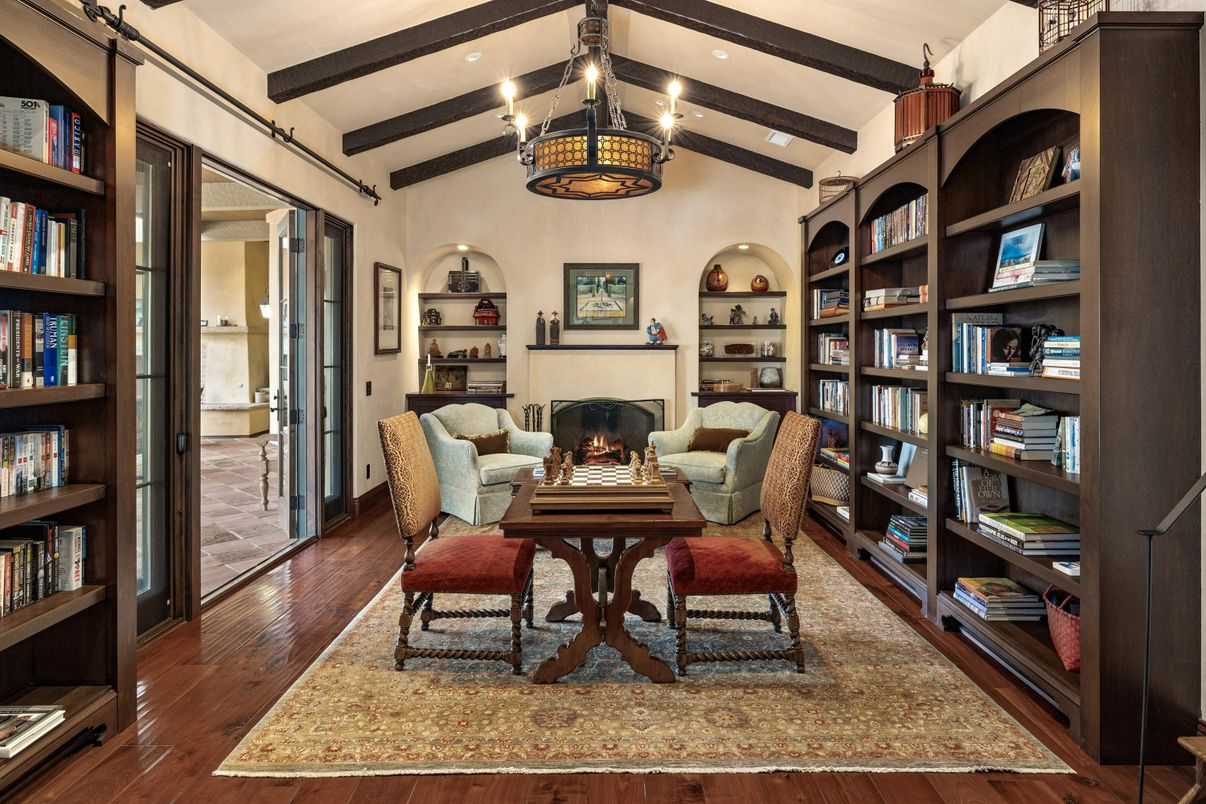 Fireplace, Interior, Recessed Lighting, Wooden Beams, Wood Texture Flooring