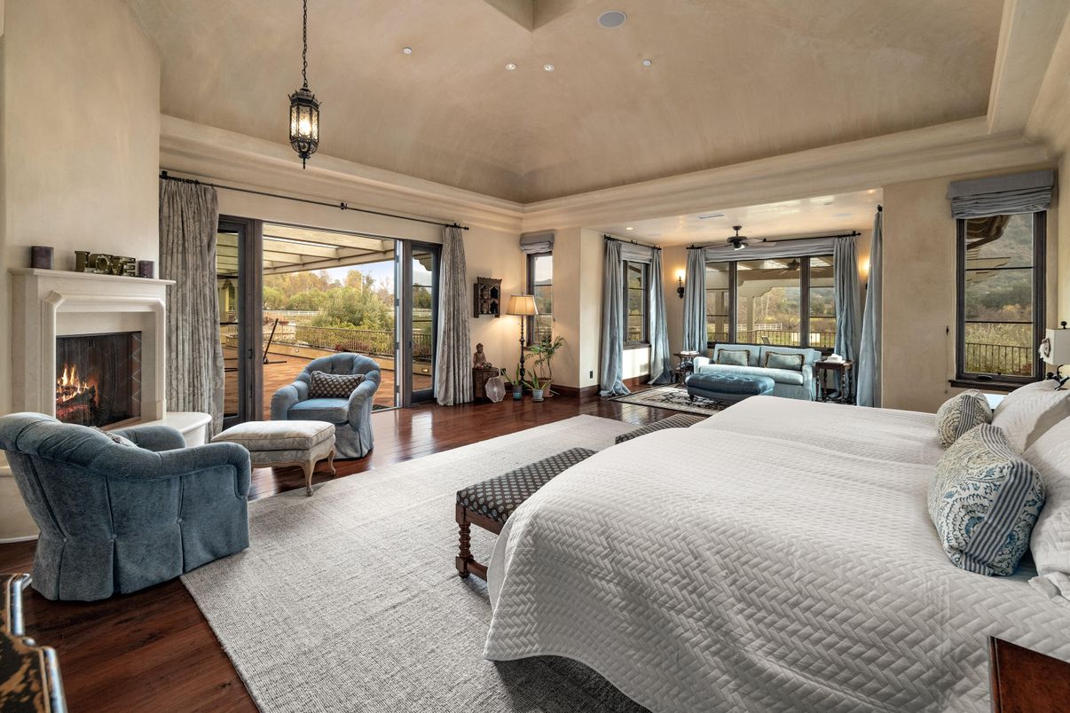 Bedroom, Fireplace, Interior, Pendant Lights, Wood Texture Flooring