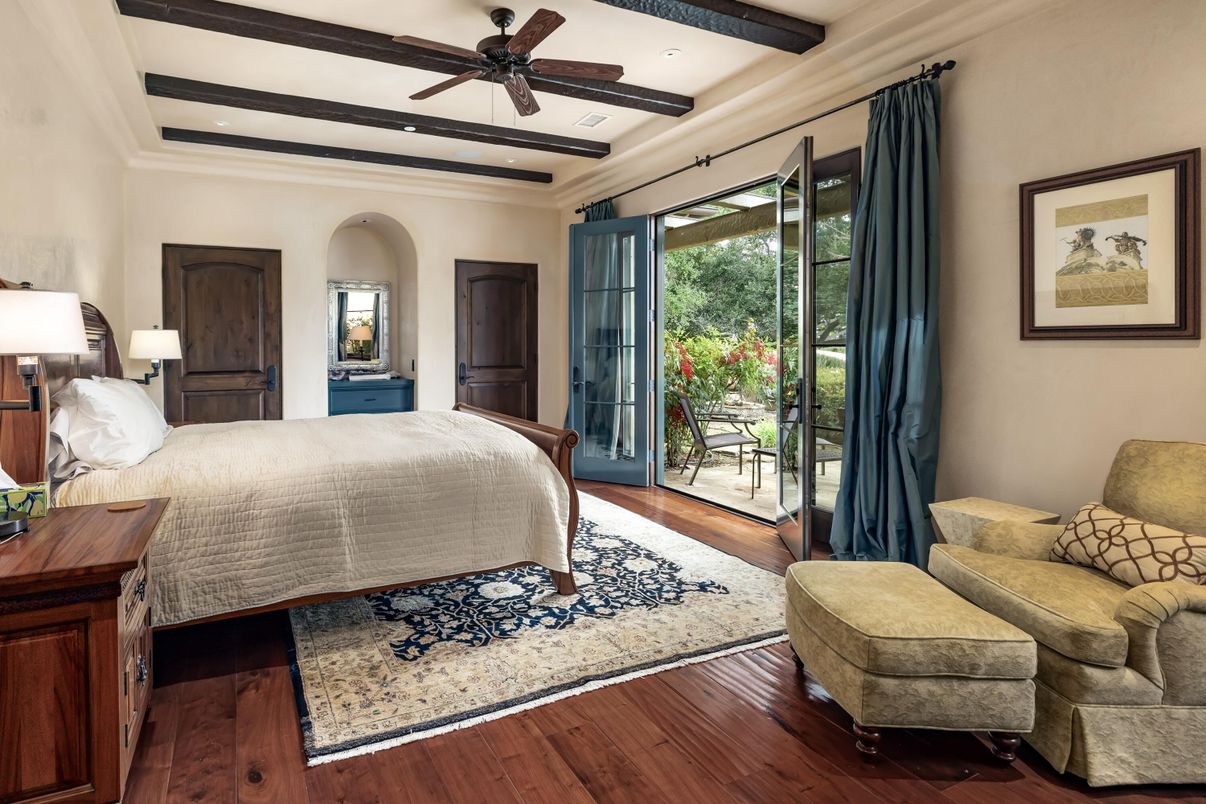 Bedroom, Interior, Recessed Lighting, Wooden Beams, Wood Texture Flooring