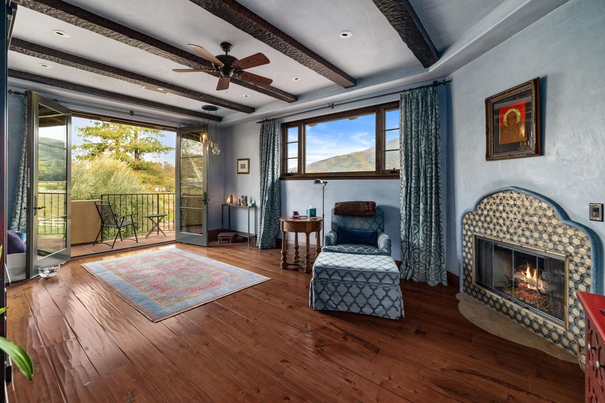 Fireplace, Interior, Recessed Lighting, Wooden Beams, Wood Texture Flooring