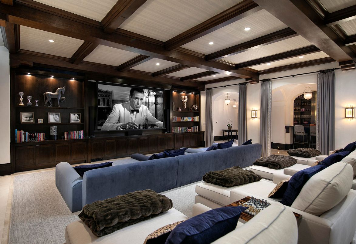 Interior, Projection Screen, Recessed Lighting, Theatre Room, Wooden Beams