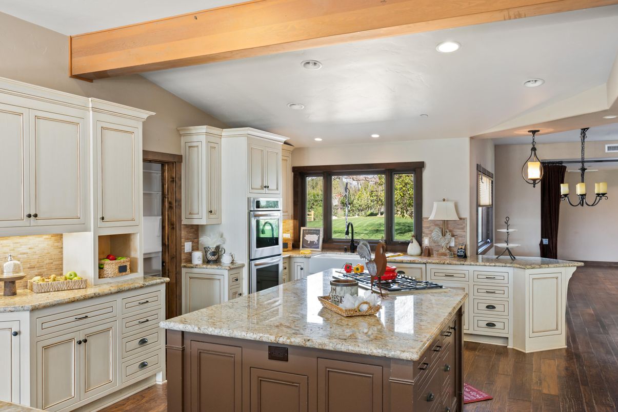 Interior, Kitchen, Pendant Lights, Recessed Lighting, Stainless Steel Appliances, Wooden Beams, Wood Texture Flooring