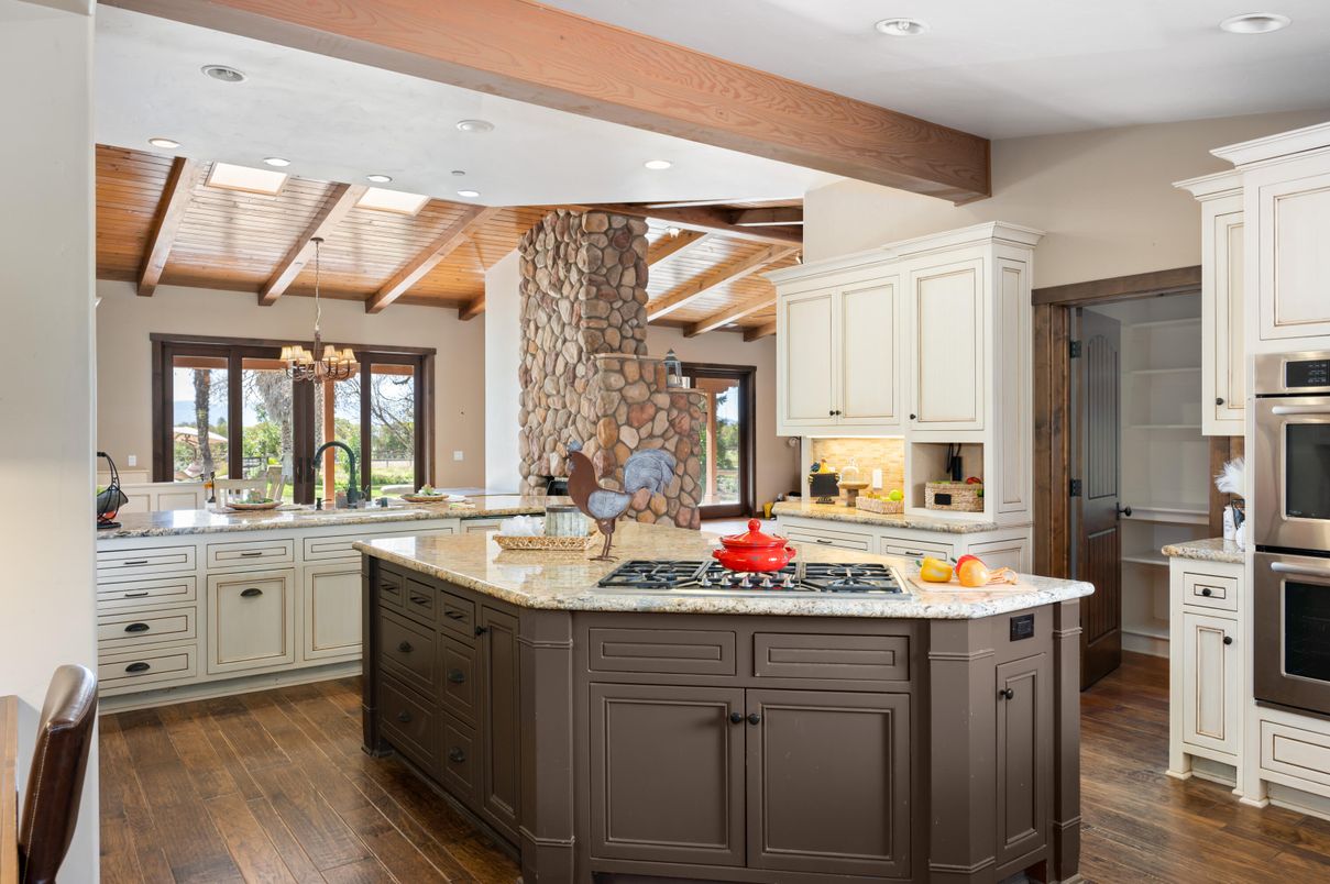 Chandelier, Interior, Kitchen, Recessed Lighting, Stainless Steel Appliances, Wooden Beams, Wooden Ceilings, Wood Texture Flooring