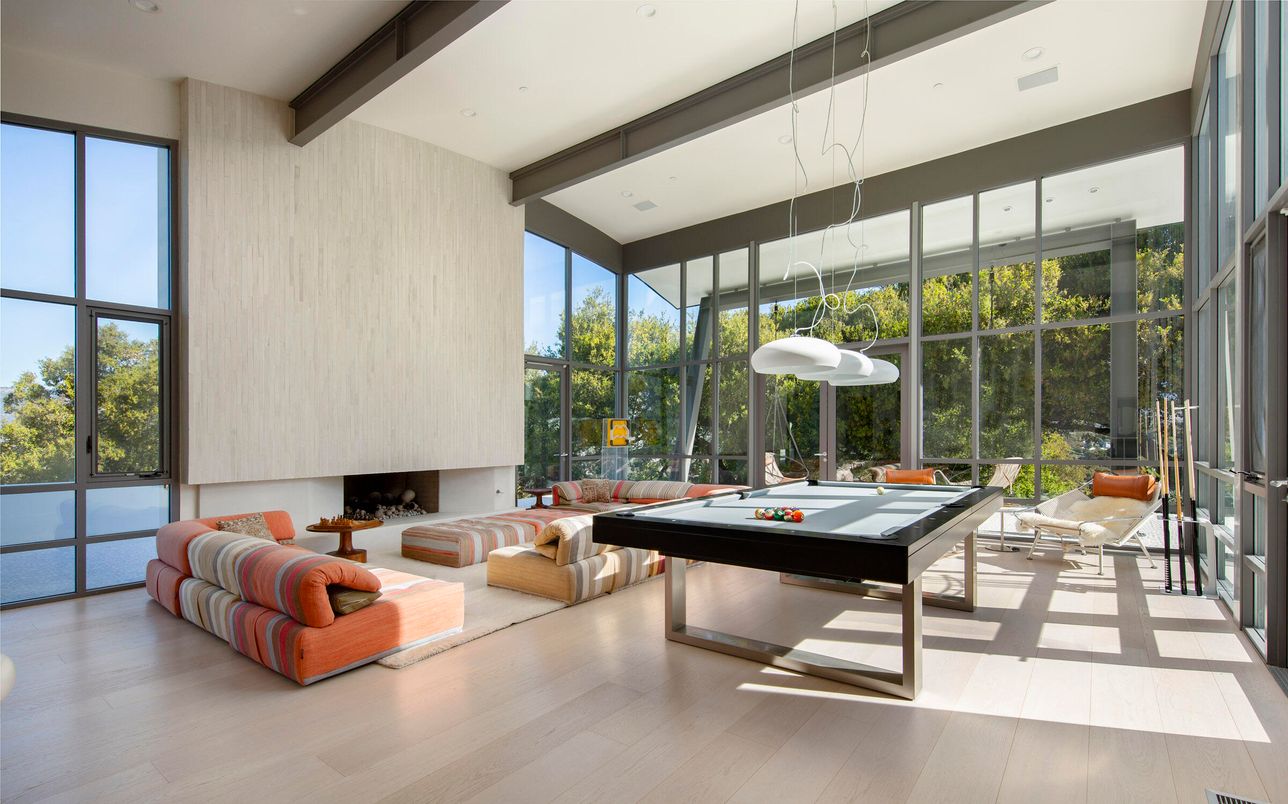 Billiard Table, Fireplace, Game Room, Interior, Pendant Lights, Recessed Lighting, Wooden Beams, Wood Texture Flooring