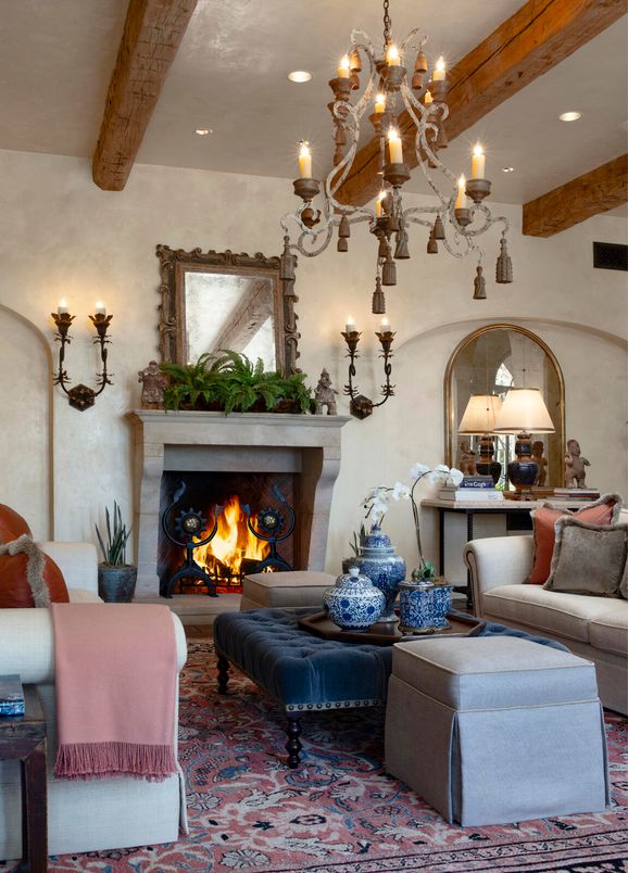 Chandelier, Fireplace, Interior, Living room, Recessed Lighting, Wooden Beams