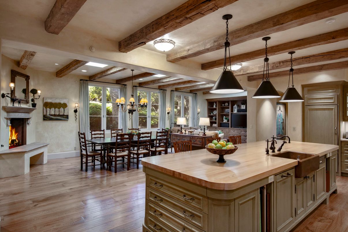 Chandelier, Dining room, Fireplace, Interior, Kitchen, Pendant Lights, Recessed Lighting, Wooden Beams, Wood Texture Flooring