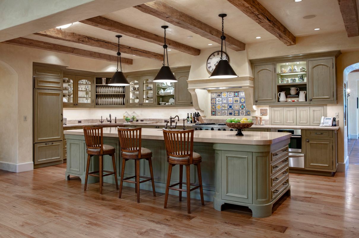 Interior, Kitchen, Pendant Lights, Recessed Lighting, Stainless Steel Appliances, Wooden Beams, Wood Texture Flooring