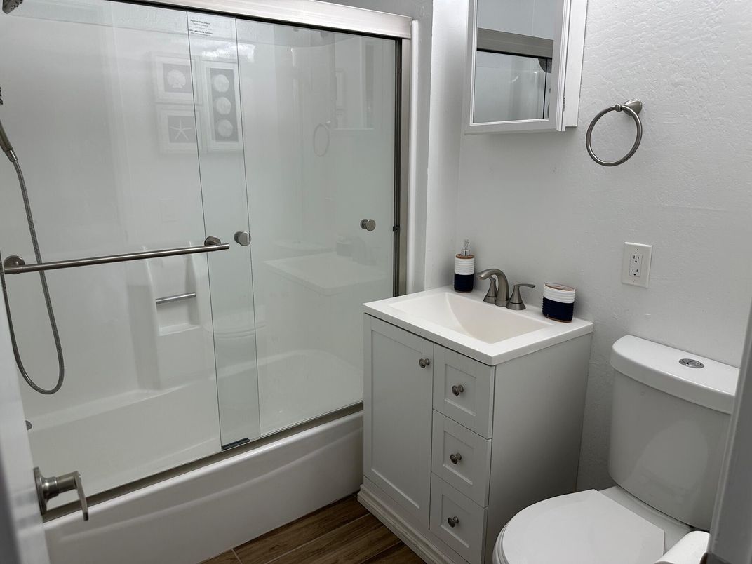 Bathroom, Glass Shower, Interior, Wood Texture Flooring