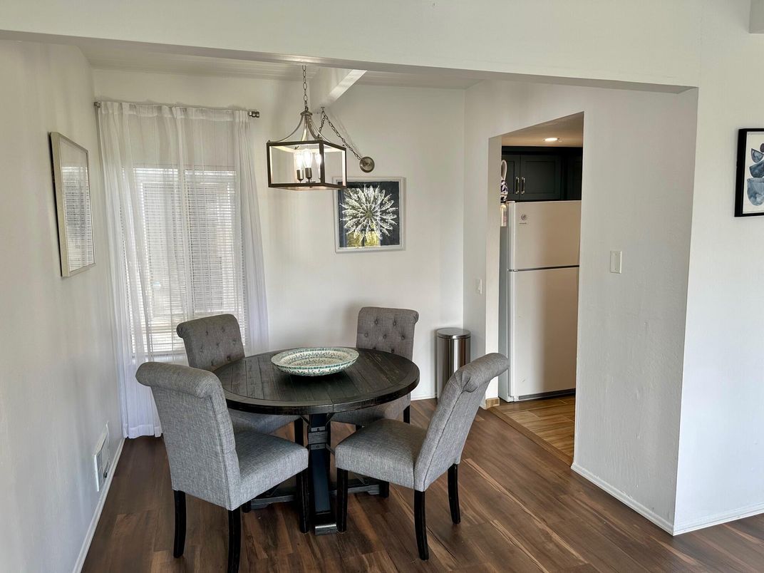 Dining room, Interior, Kitchen, Pendant Lights, Wood Texture Flooring