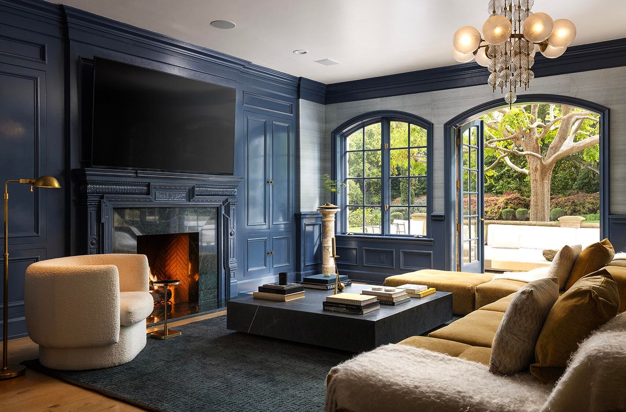 Chandelier, Fireplace, Interior, Living room, Recessed Lighting, Wood Texture Flooring