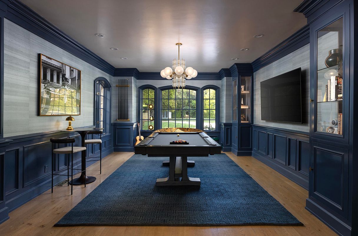 Billiard Table, Chandelier, Game Room, Interior, Recessed Lighting, Wood Texture Flooring