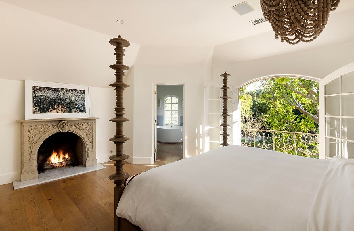 Bedroom, Fireplace, Interior, Wood Texture Flooring