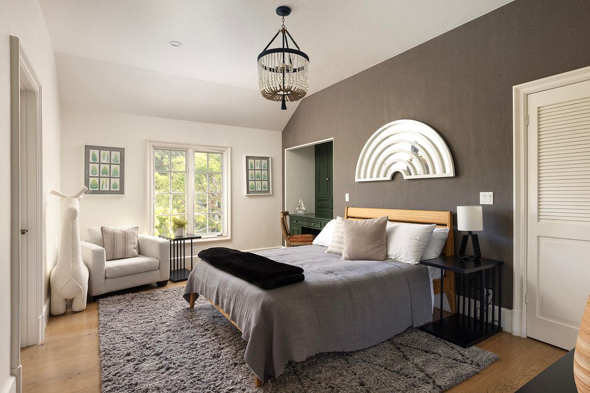 Bedroom, Chandelier, Interior, Wood Texture Flooring