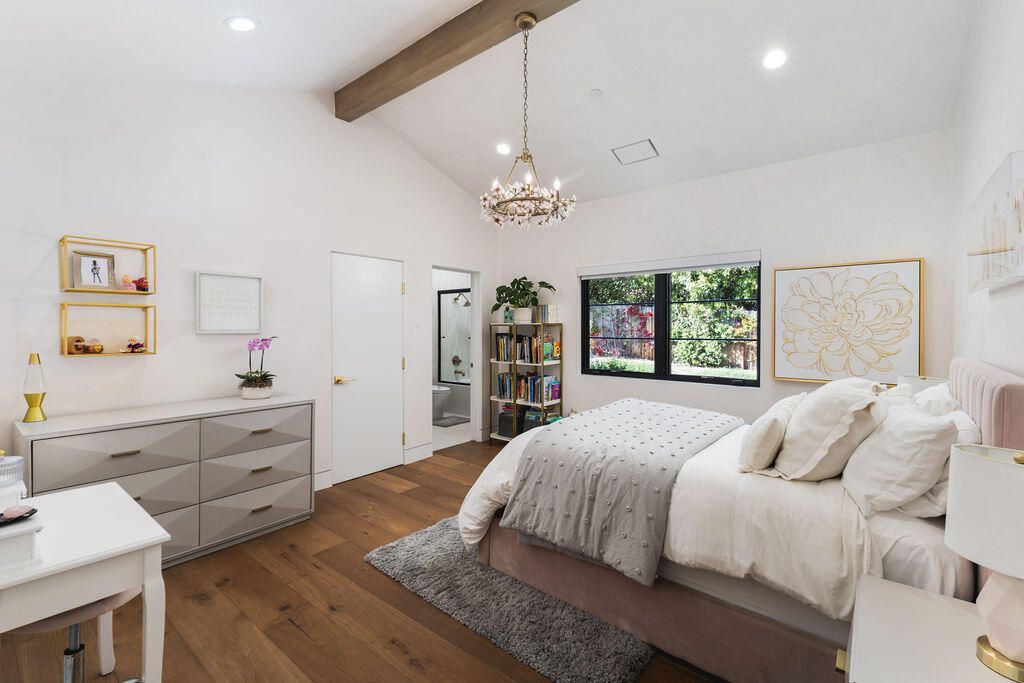Bedroom, Chandelier, Interior, Pendant Lights, Recessed Lighting, Wooden Beams, Wood Texture Flooring