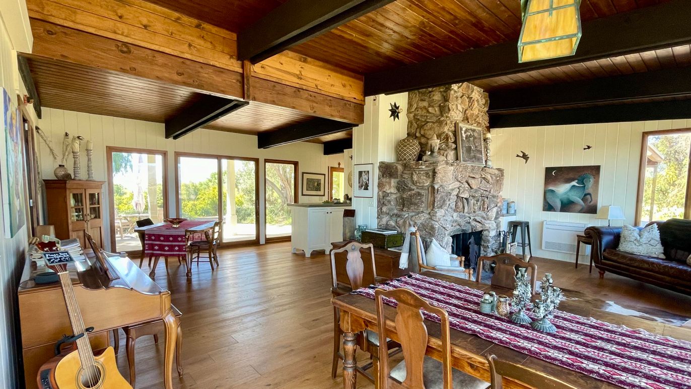 Dining room, Fireplace, Interior, Stone Walls, Wooden Beams, Wooden Ceilings, Wood Texture Flooring