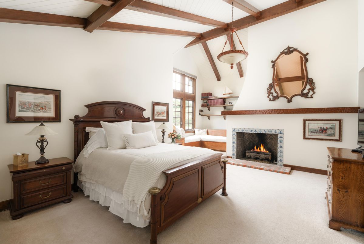 Bedroom, Fireplace, Interior, Pendant Lights, Wooden Beams