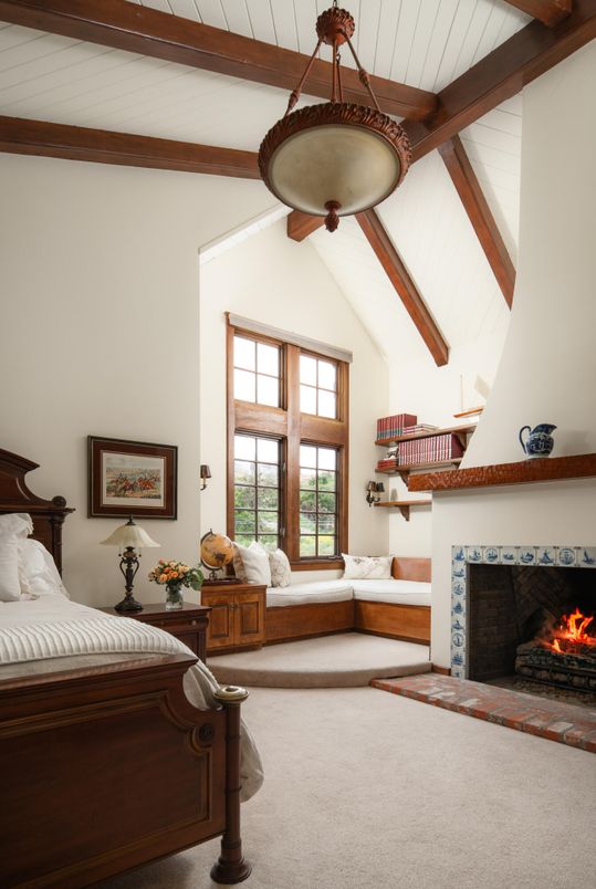 Bedroom, Fireplace, Interior, Pendant Lights, Wooden Beams