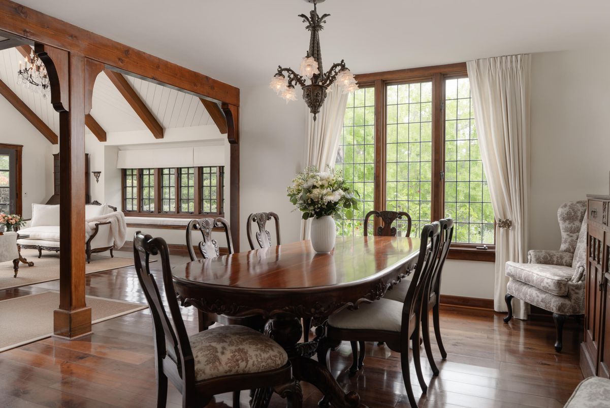 Chandelier, Dining room, Interior, Wooden Beams, Wood Texture Flooring