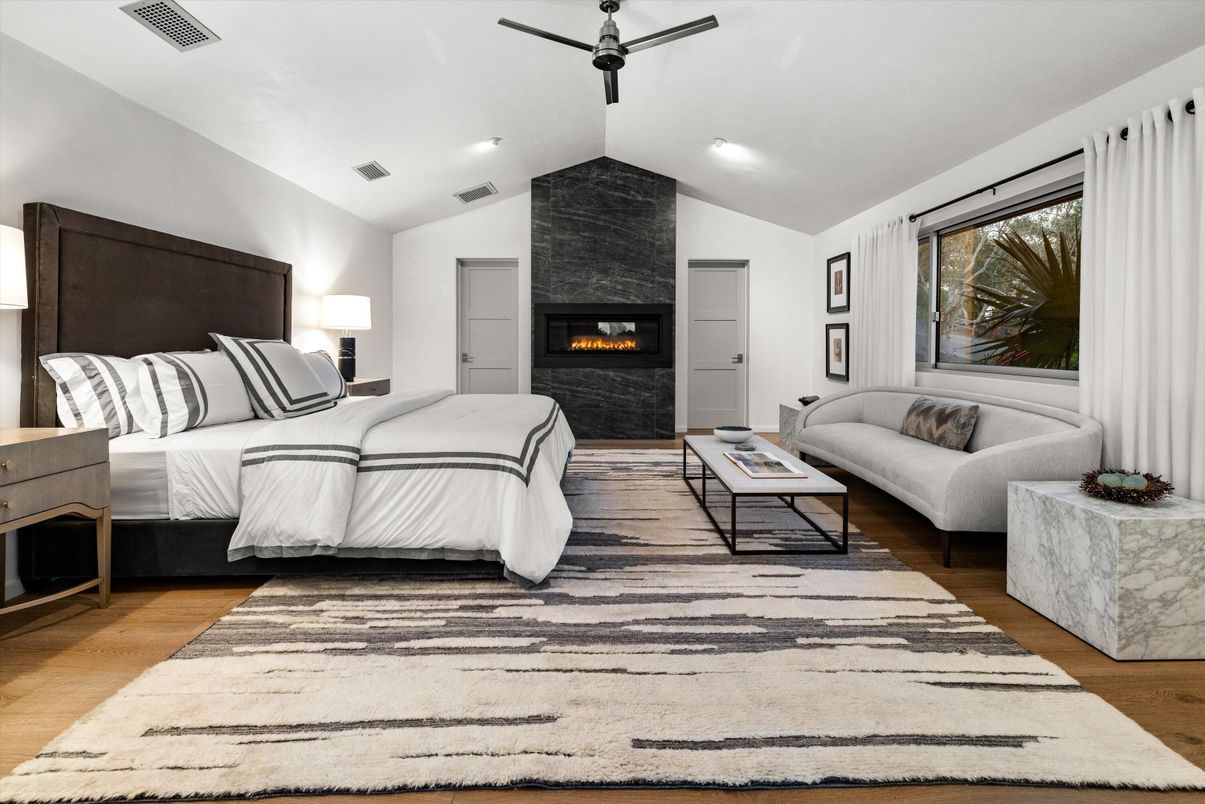 Bedroom, Fireplace, Interior, Recessed Lighting, Wood Texture Flooring