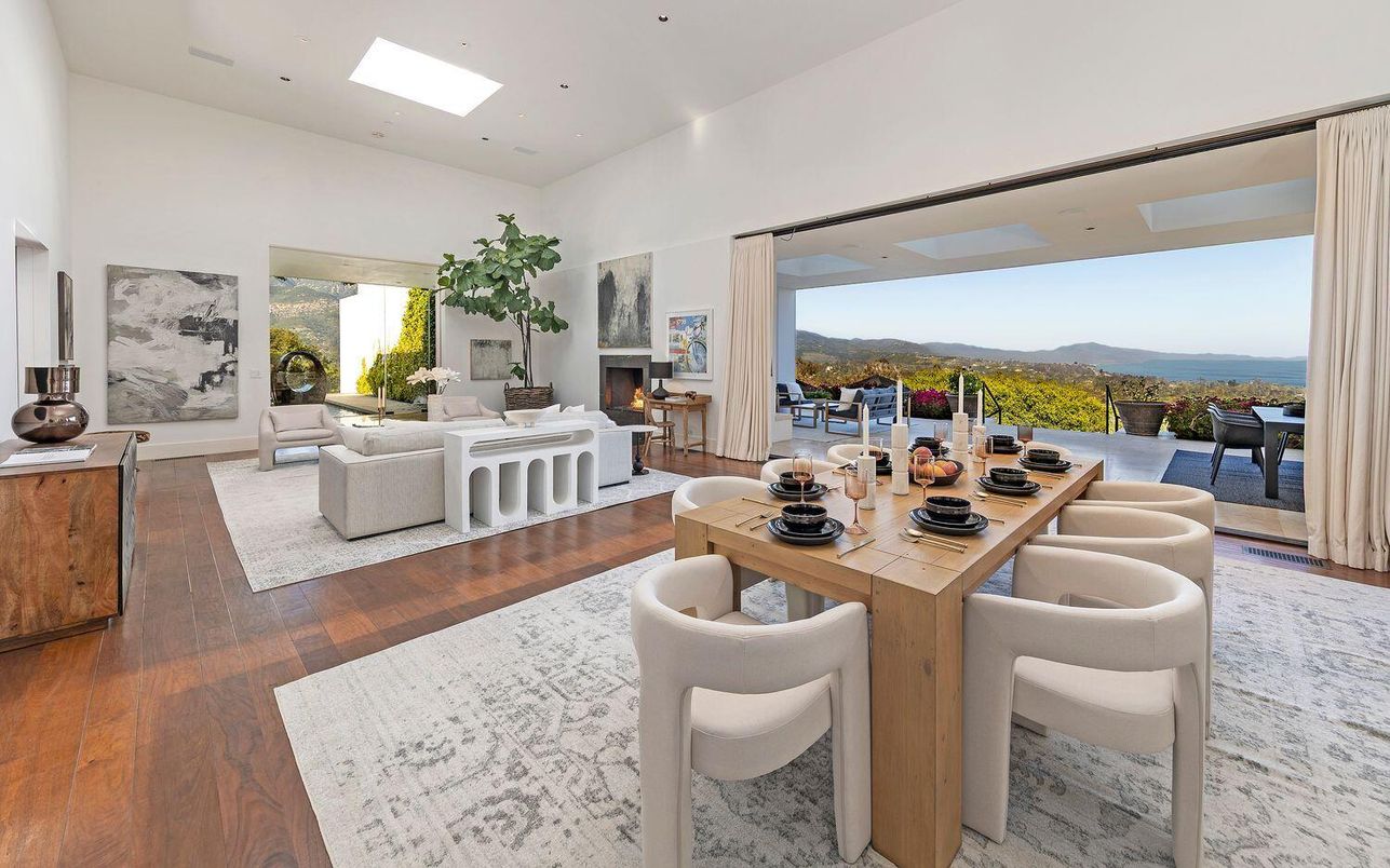 Dining room, Fireplace, Interior, Living room, Recessed Lighting, Water, Wood Texture Flooring