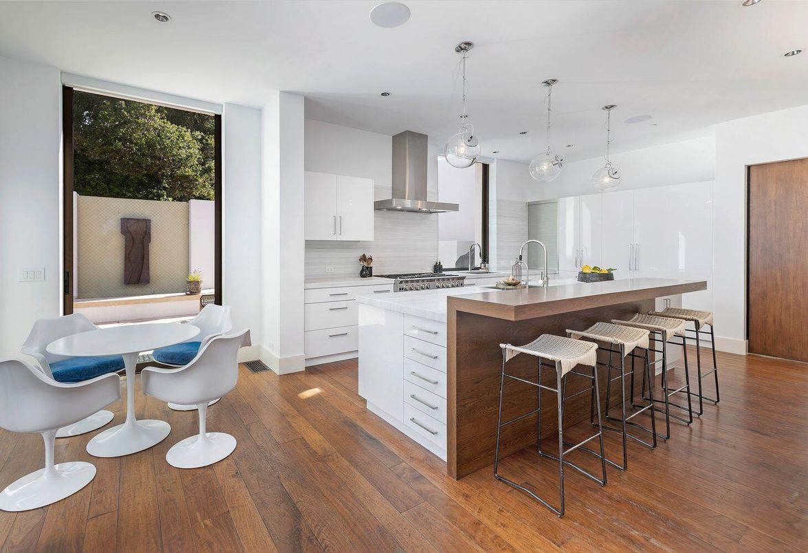 Dining room, Interior, Kitchen, Pendant Lights, Recessed Lighting, Stainless Steel Appliances, Wood Texture Flooring