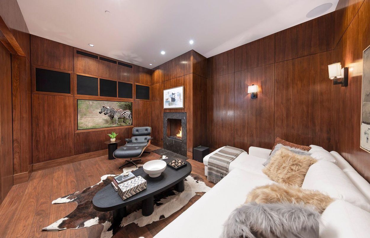 Fireplace, Interior, Living room, Recessed Lighting, Wood Texture Flooring, Wooden Walls