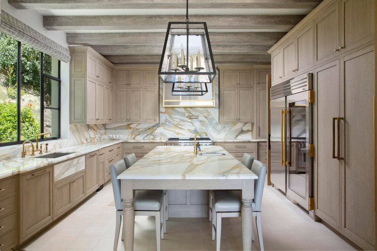 Interior, Kitchen, Marble Walls, Pendant Lights, Stainless Steel Appliances, Wooden Beams