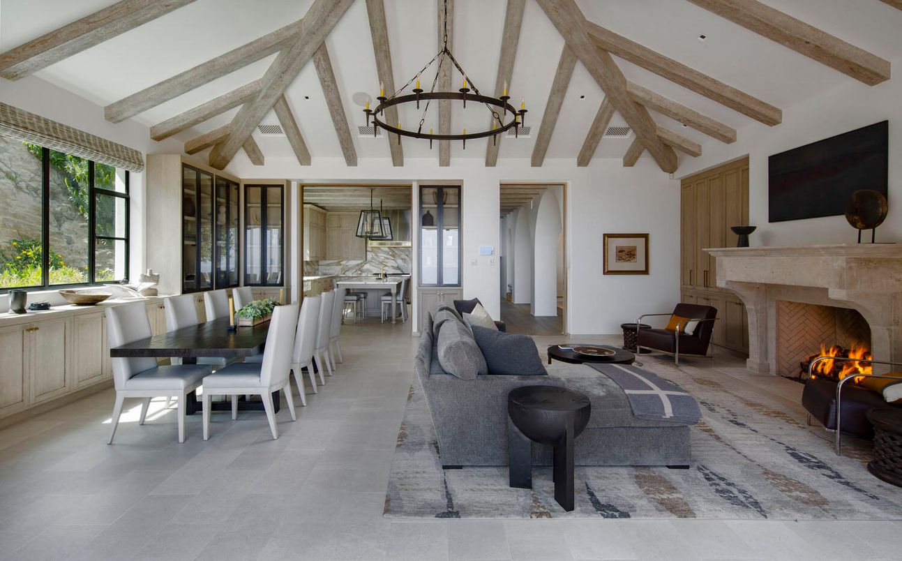 Chandelier, Dining room, Fireplace, Interior, Living room, Pendant Lights, Wooden Beams