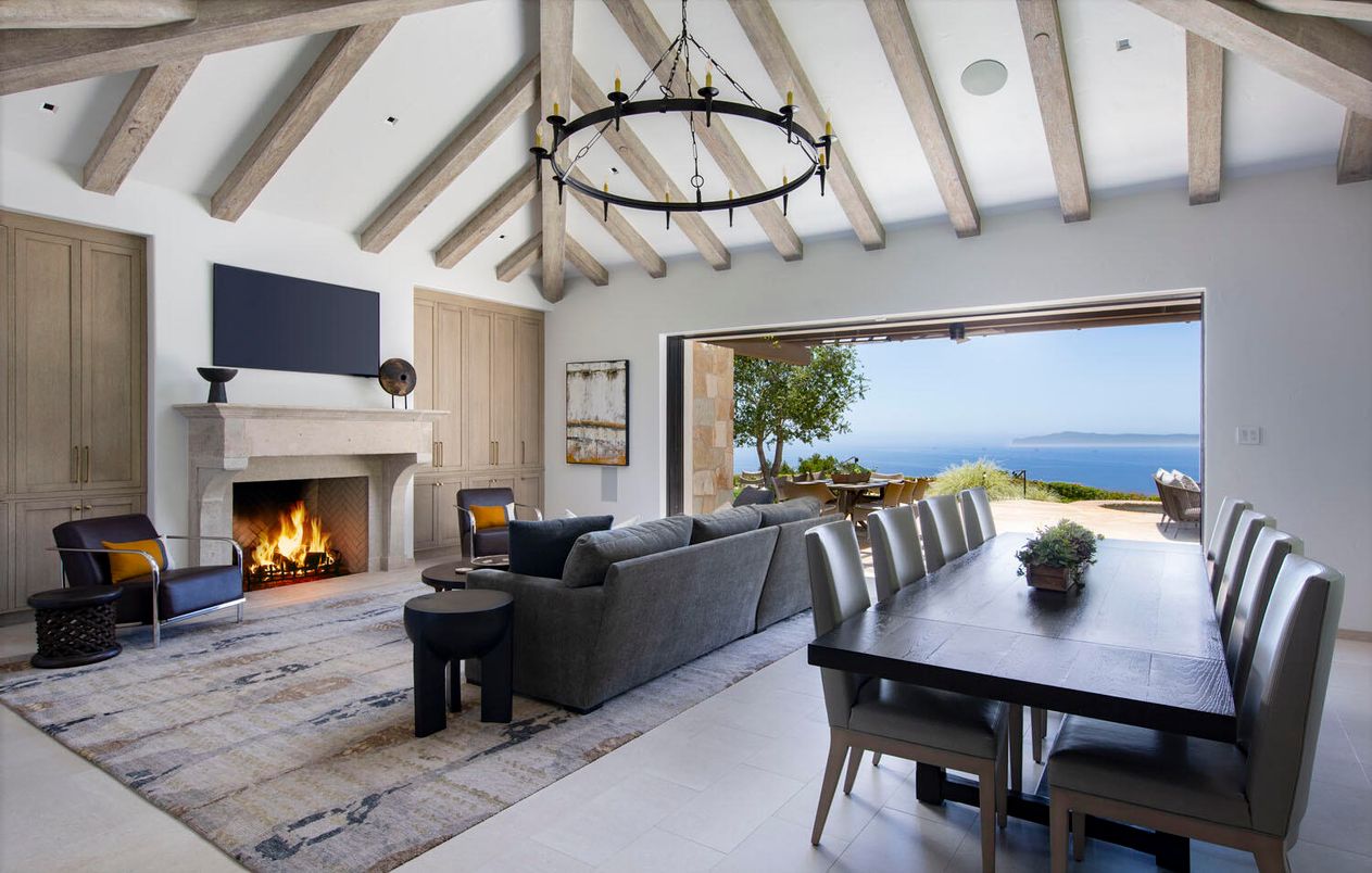 Dining room, Fireplace, Interior, Living room, Pendant Lights, Water, Wooden Beams