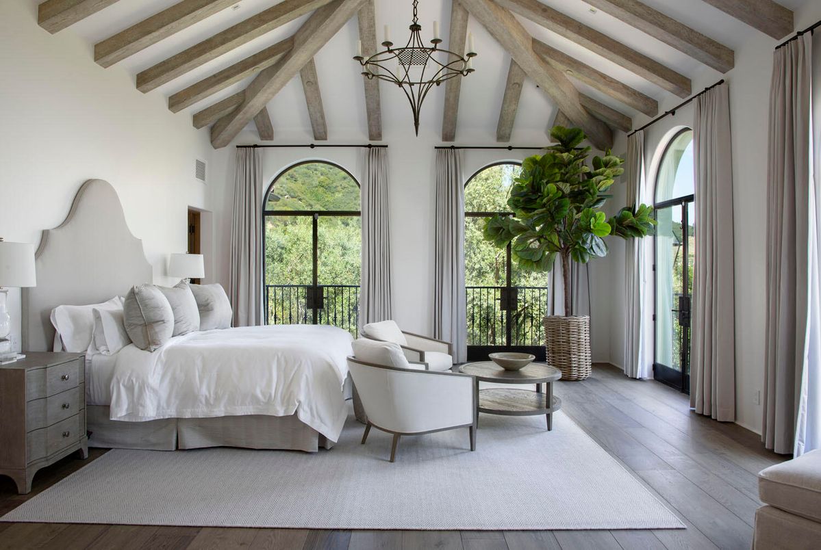 Bedroom, Chandelier, Interior, Wooden Beams, Wood Texture Flooring